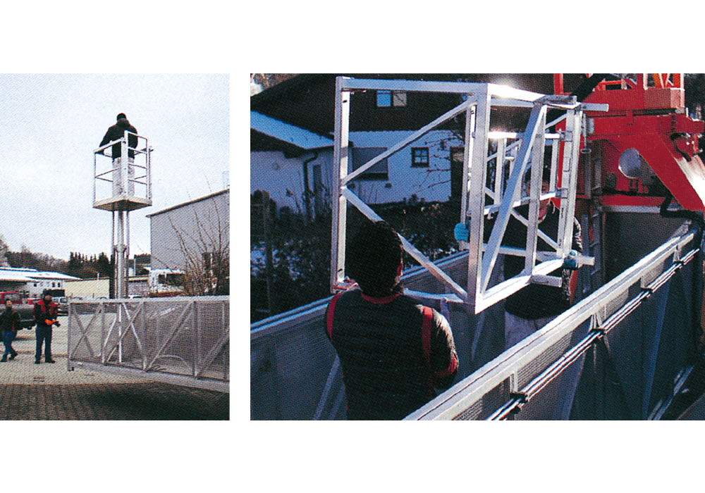 プラットフォームの先端に２ｍの延長床が設置可能で約16ｍまでの作業範囲の確保が可能です。
プラットフォームの一部に高さ３ｍ対応のエアー式昇降台の設置が可能で、桁高の高い橋梁の床版点検が可能です。